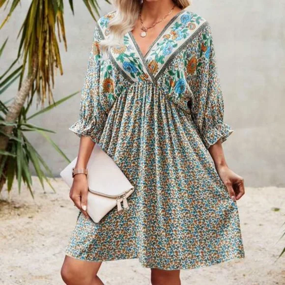 Boho Green Floral Print Ruffle Sleeve Mini Dress Cottagecore - Picture 4 of 13